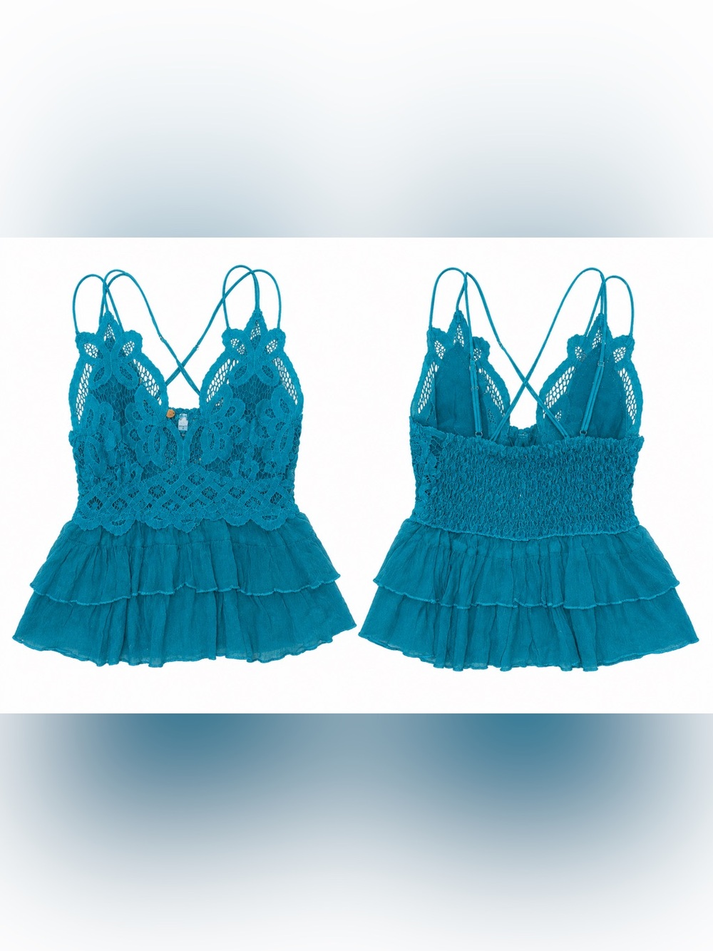 FP One Teal Lace Crochet Ruffle Cami Tank XS Boho Festival - Picture 2 of 3